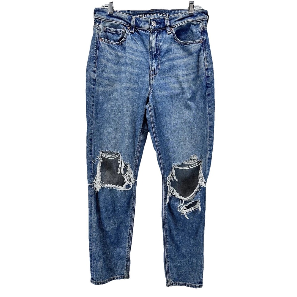 American‎ Eagle Mom Jeans Strigid Womens 6 Short Blue Denim High Rise Distressed